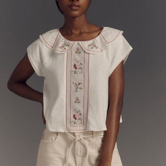 Anthropologie Tops - Anthropologie Floral Embellished Peter Pan Collared Cotton Top, Small
